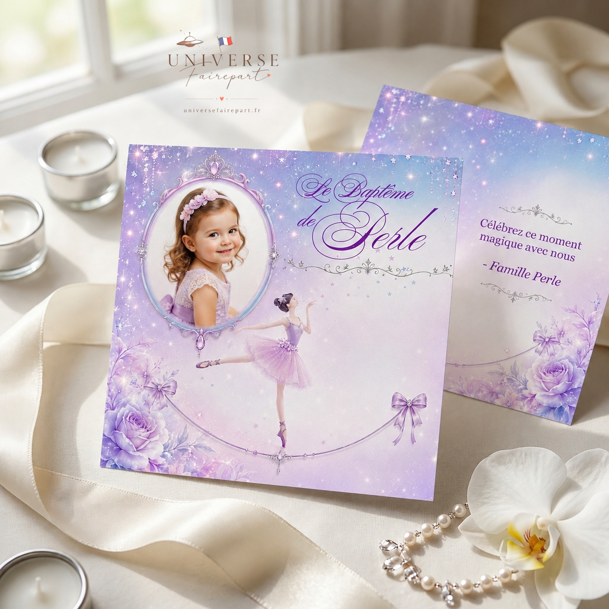 N°311 Faire-part invitation fille danseuse ballerine violet et rose