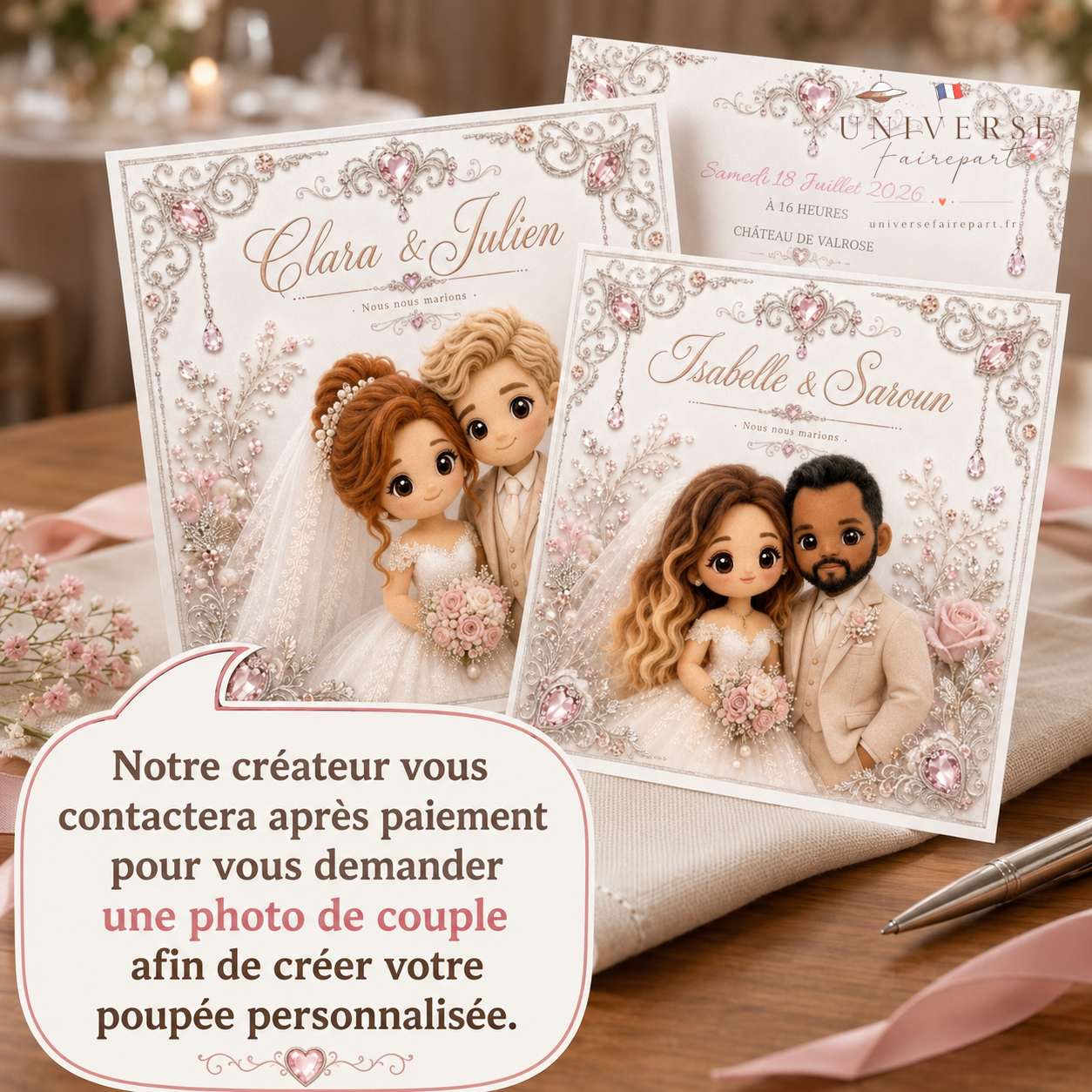 N°89 Faire-part mariage adorable peluche couple à votre effigie