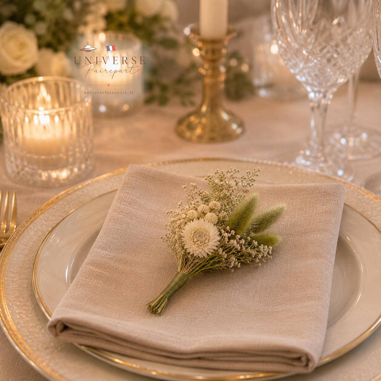 Bouquet de table mariage fleurs séchées ivoire et camaïeu de sauge 18 cm