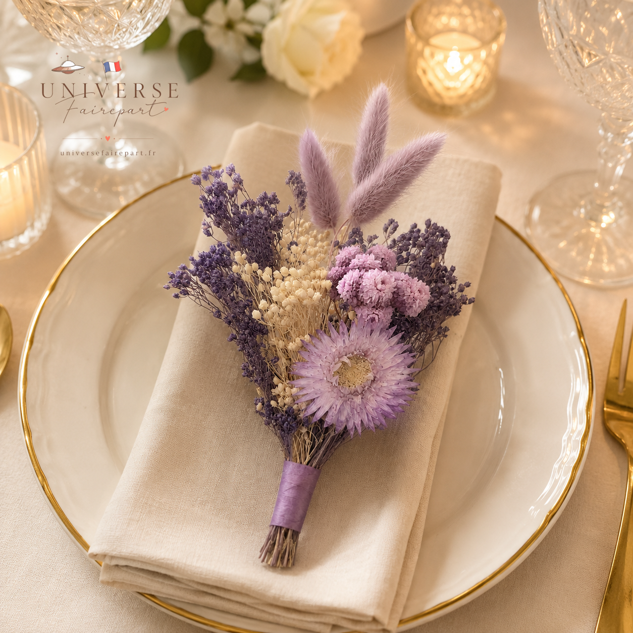 Bouquet de table mariage fleurs séchées ivoire et camaïeu de parme 18 cm