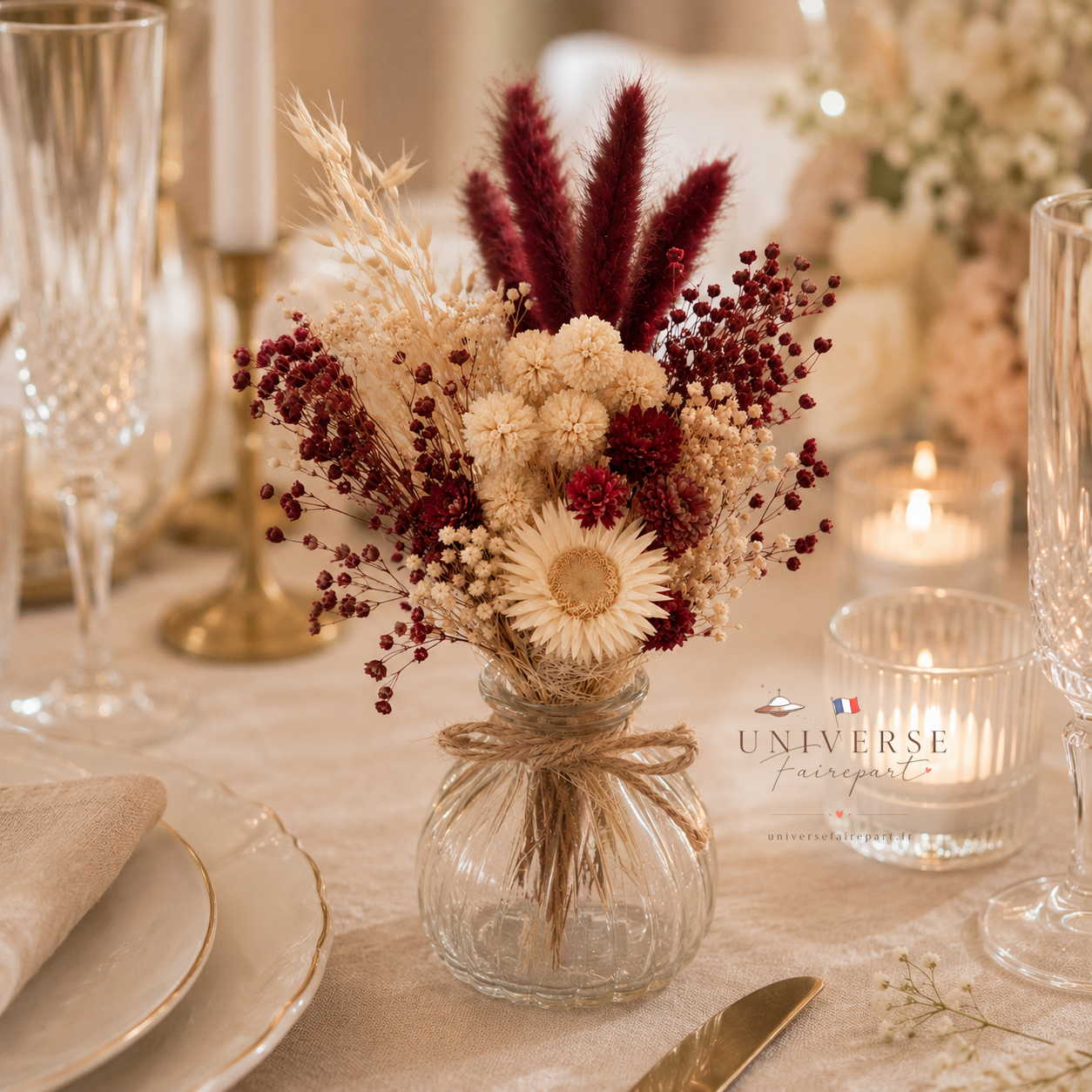 Bouquet de table mariage fleurs séchées ivoire et rouge bordeaux 18 cm