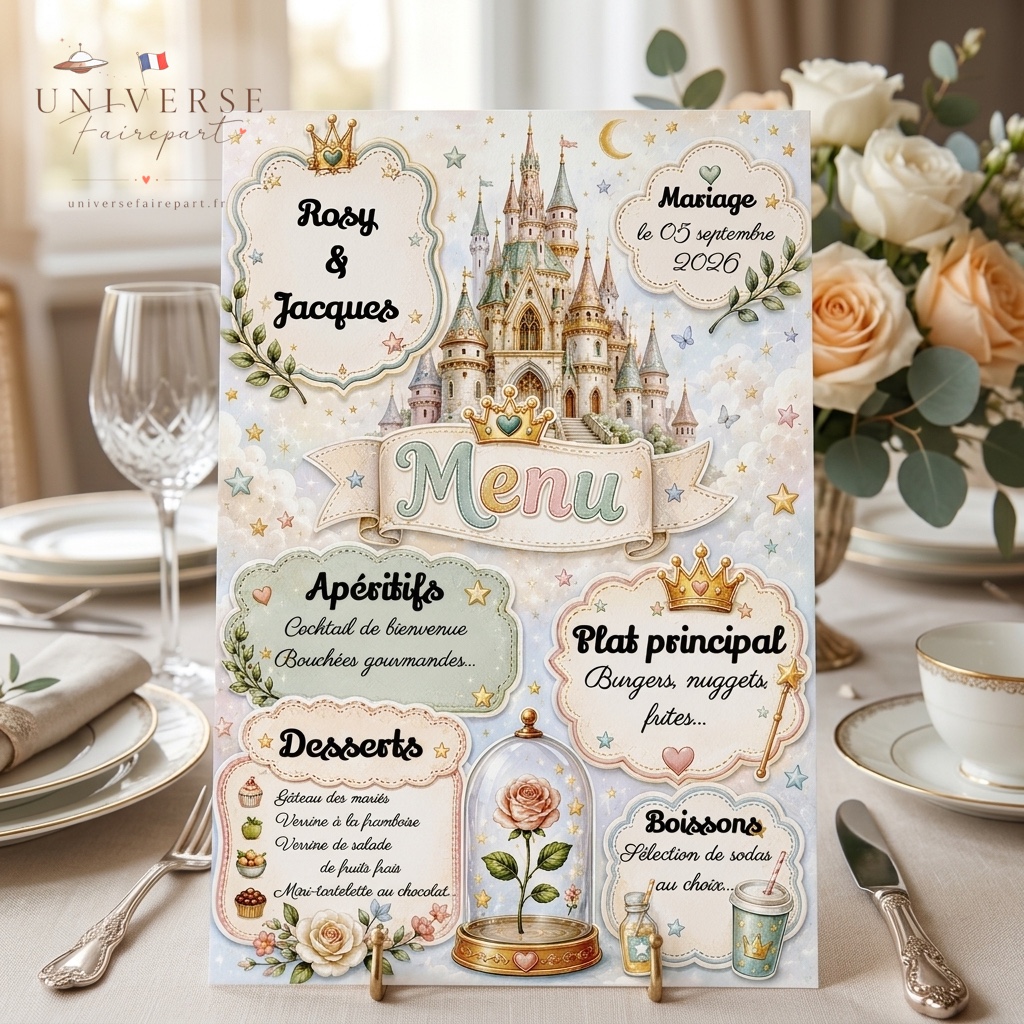 N°181.5.6 Menu Table enfant Unisexe Mariage château