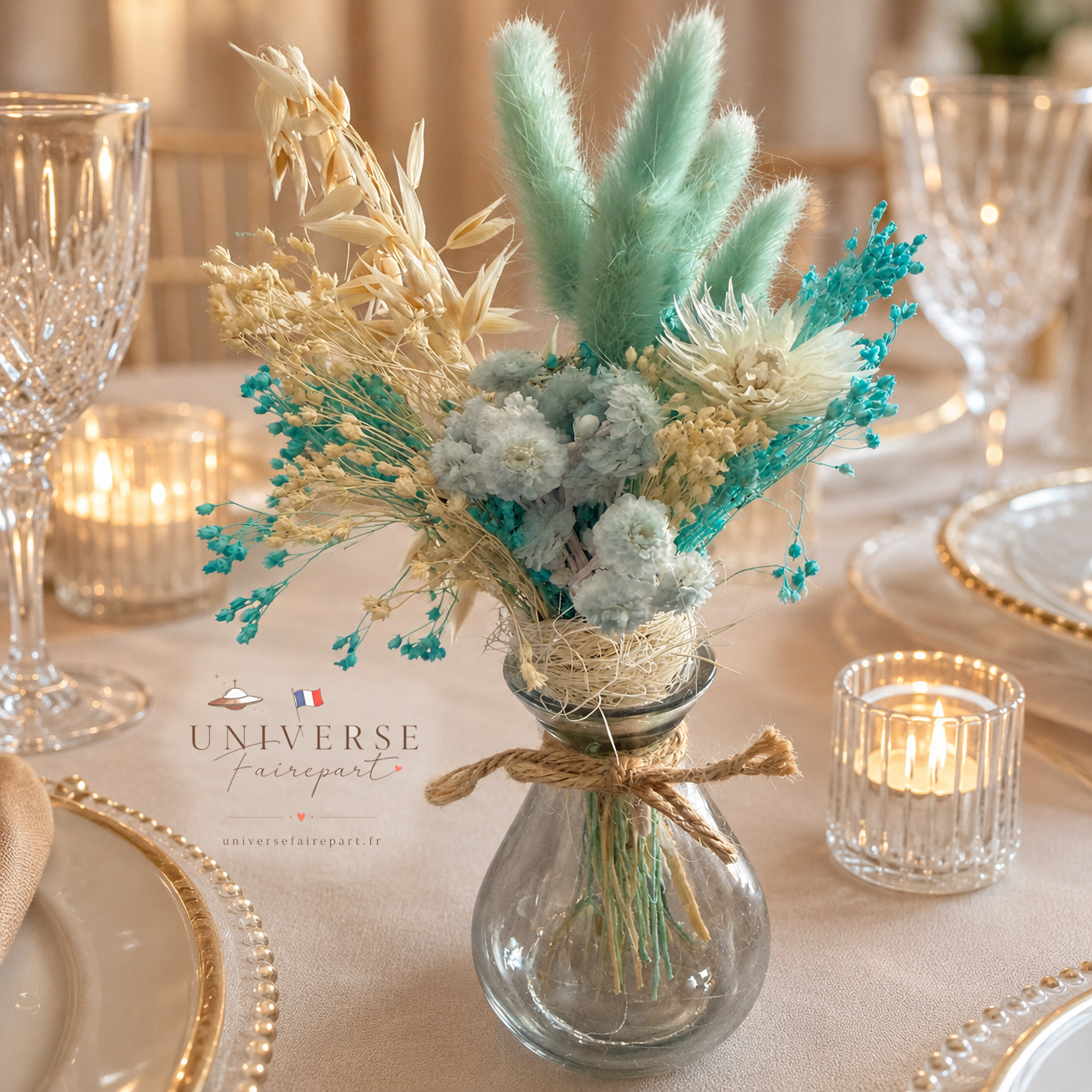 Bouquet de table mariage fleurs séchées ivoire et camaïeu de bleu turquoise 18 cm
