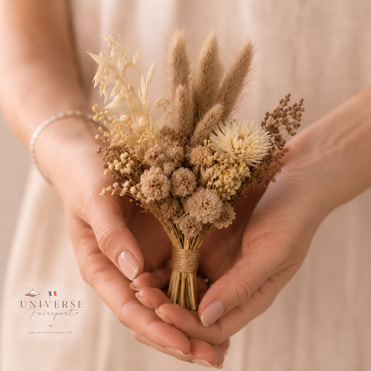 Bouquet mariage de fleurs séchées moka et ivoire 18 cm