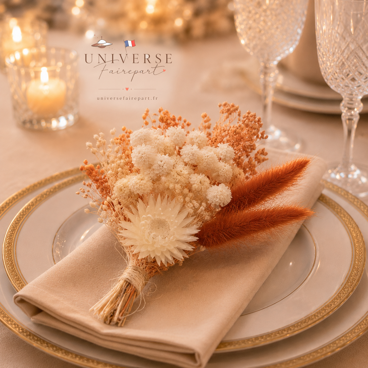 Bouquet de table mariage fleurs séchées ivoire et camaïeu de terracotta 18 cm