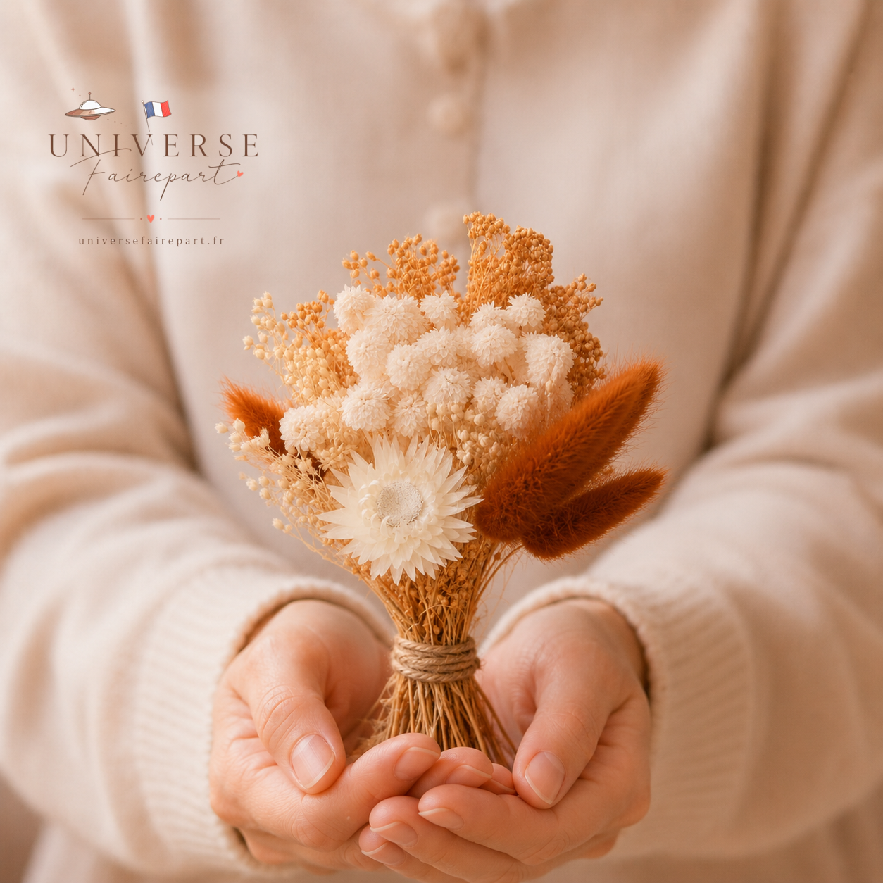 Bouquet de table mariage fleurs séchées ivoire et camaïeu de terracotta 18 cm