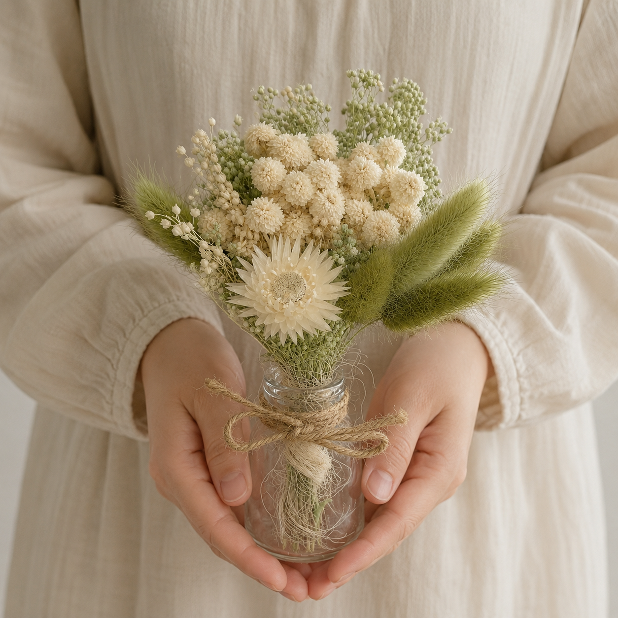 Bouquet de table mariage fleurs séchées ivoire et camaïeu de sauge 18 cm