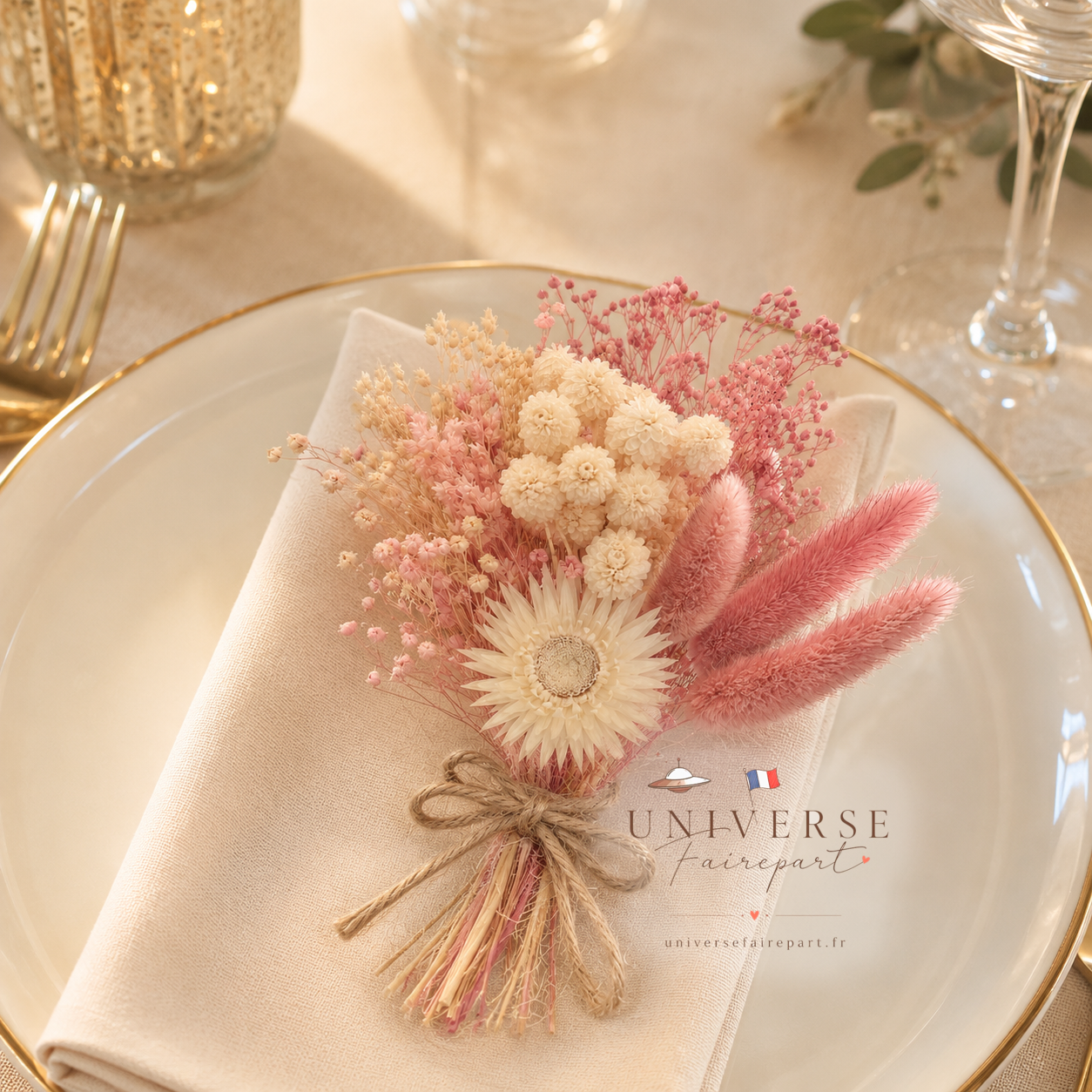 Bouquet de table mariage fleurs séchées ivoire et camaïeu de rose pâle 18 cm