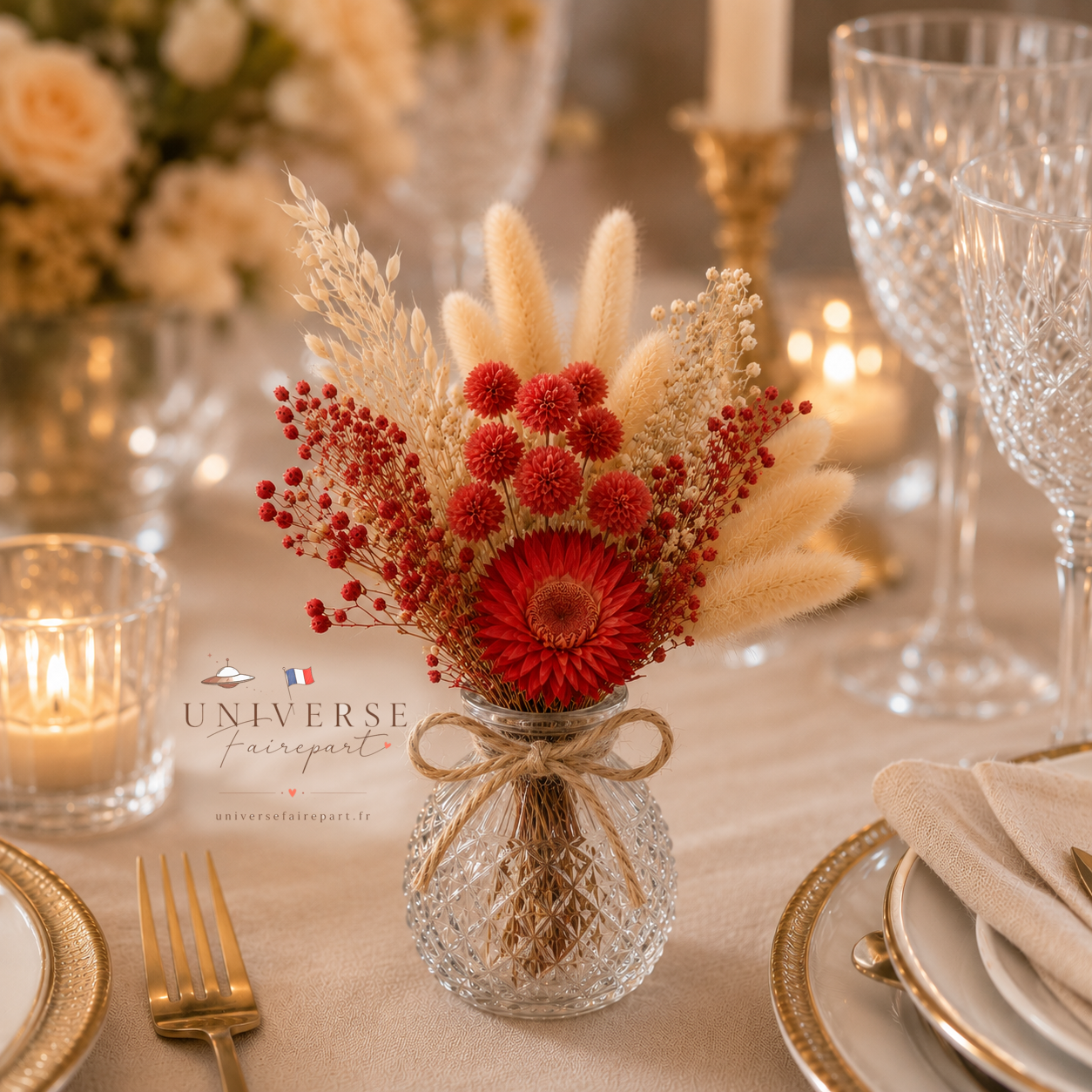 Bouquet de table mariage fleurs séchées ivoire et rouge vif 18 cm