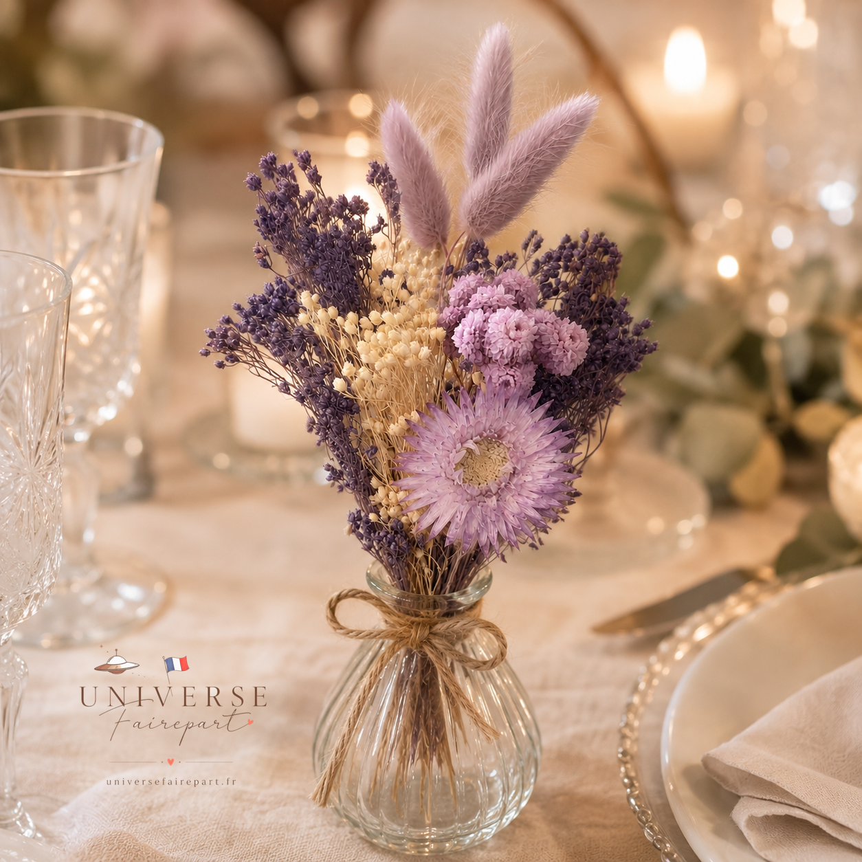 Bouquet de table mariage fleurs séchées ivoire et camaïeu de parme 18 cm
