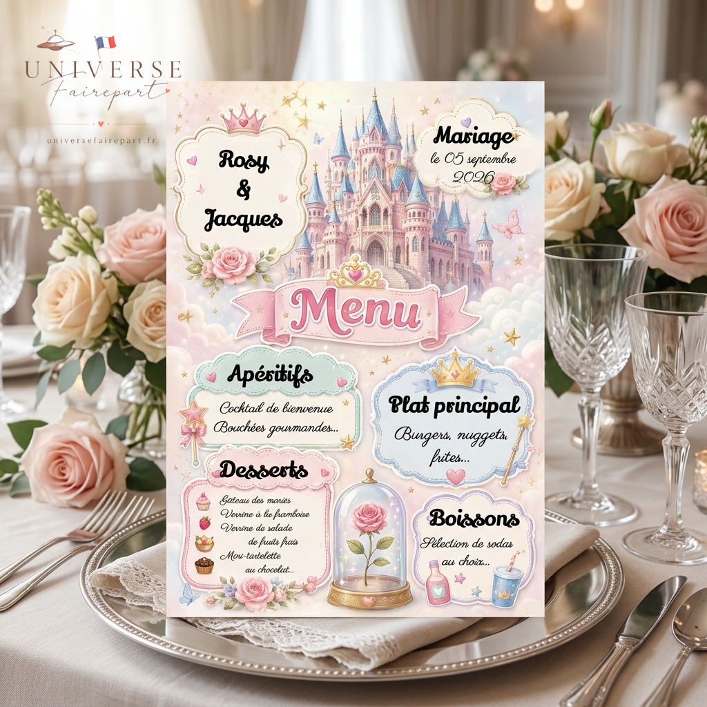 N°181.5.5 Menu Table enfant fille Mariage château