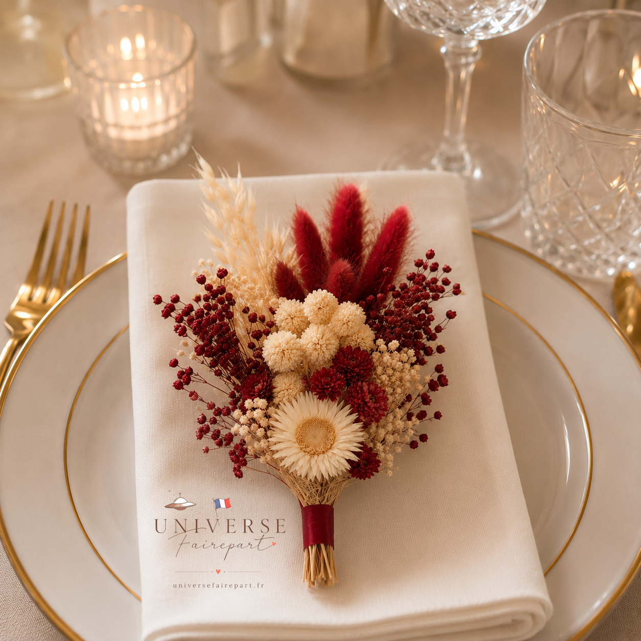 Bouquet de table mariage fleurs séchées ivoire et rouge vif 18 cm