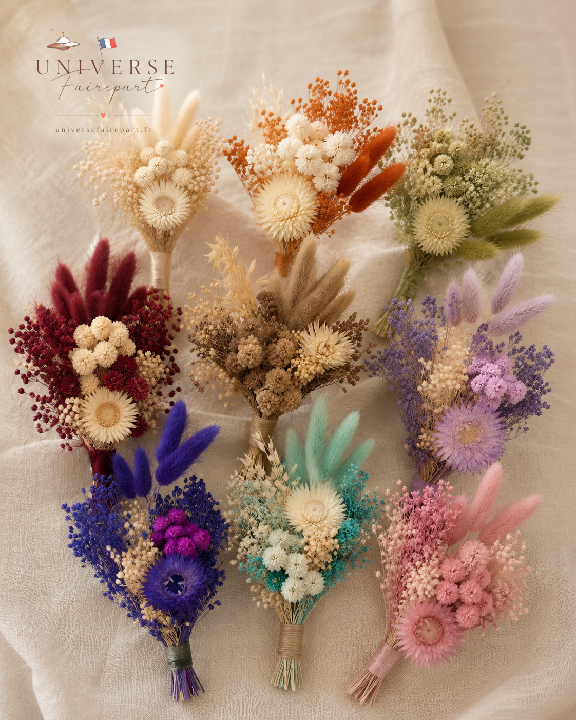 Création unique de Bouquet mariage fleurs séchées personnalisé 18 ou 25 cm