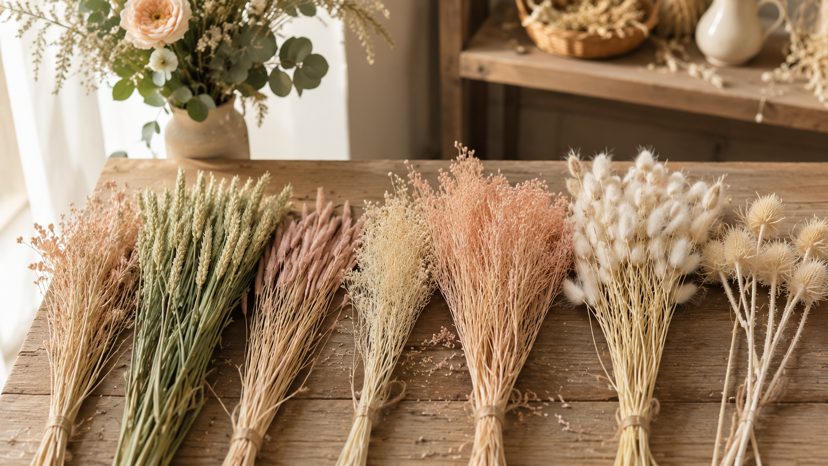Sélection de fleurs séchées dans l’atelier du Jardin Éternel