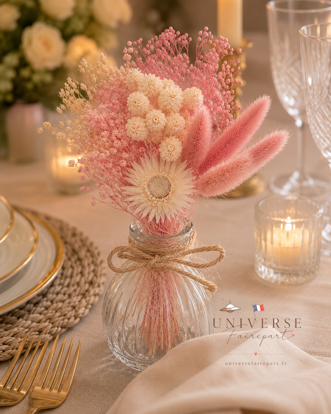 Bouquet de table mariage fleurs séchées ivoire et camaïeu de rose pâle 18 cm