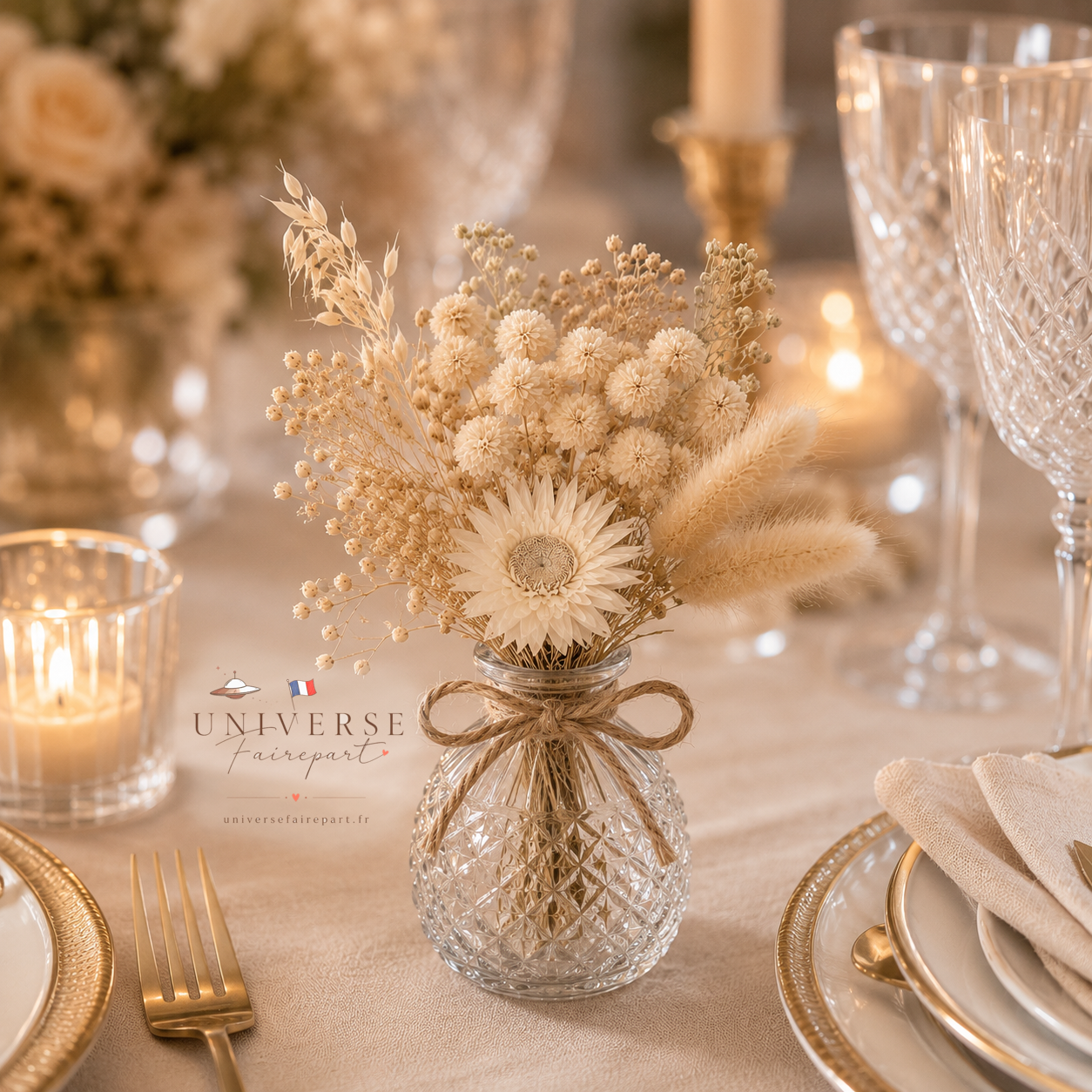 Bouquet de table mariage fleurs séchées tout ivoire 18 cm