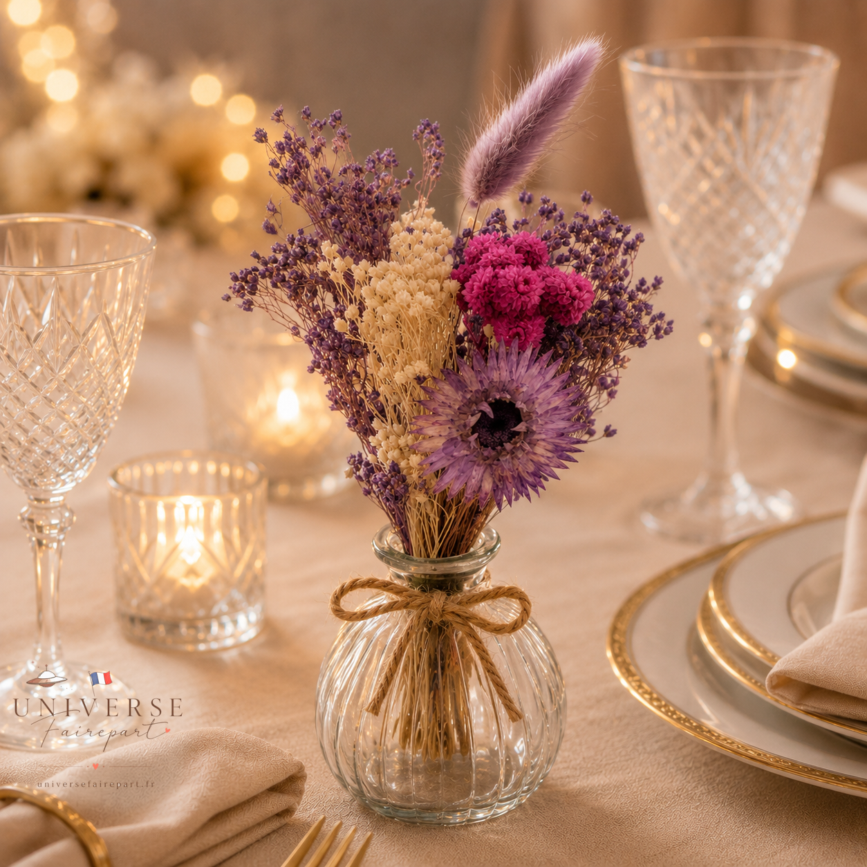 Bouquet de table mariage fleurs séchées ivoire et camaïeu de violet 18