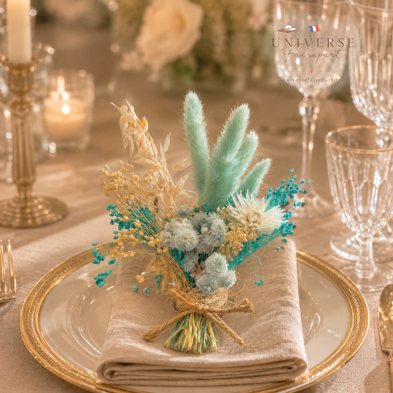 Bouquet de table mariage fleurs séchées ivoire et camaïeu de bleu turquoise 18 cm