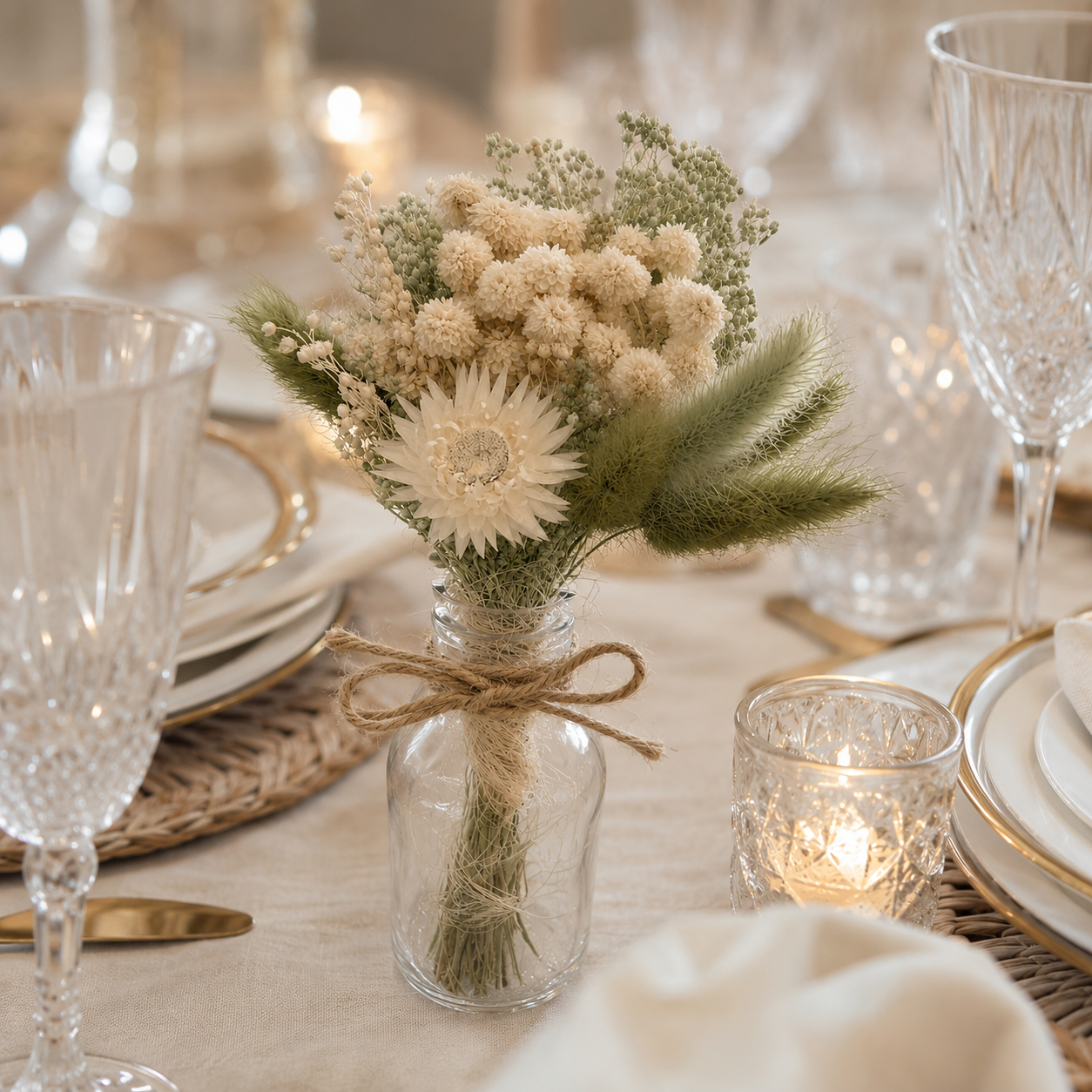 Bouquet de table mariage fleurs séchées ivoire et camaïeu de sauge 18 cm