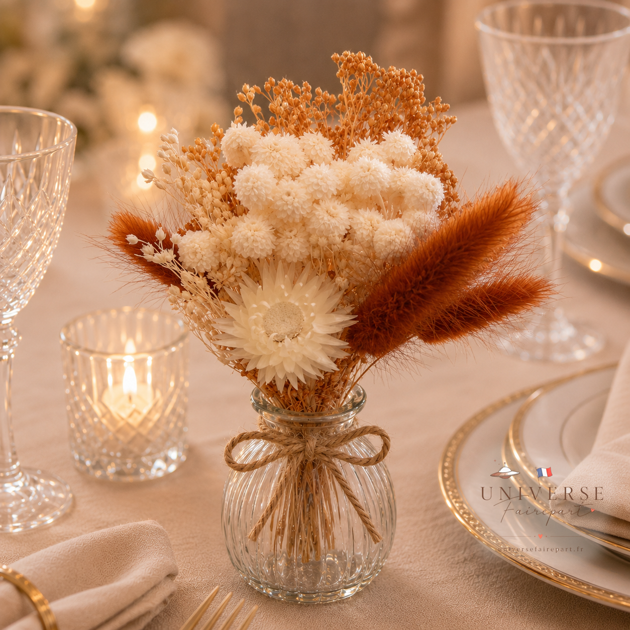 Bouquet de table mariage fleurs séchées ivoire et camaïeu de terracotta 18 cm