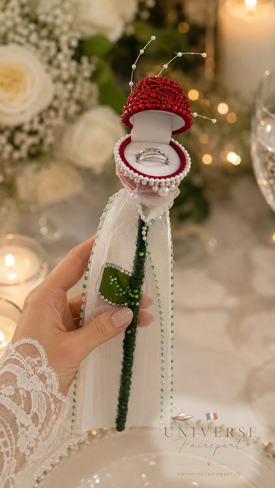 Porte-alliances Rose Éternelle rouge perlée & strass Fait main PIÈCE UNIQUE