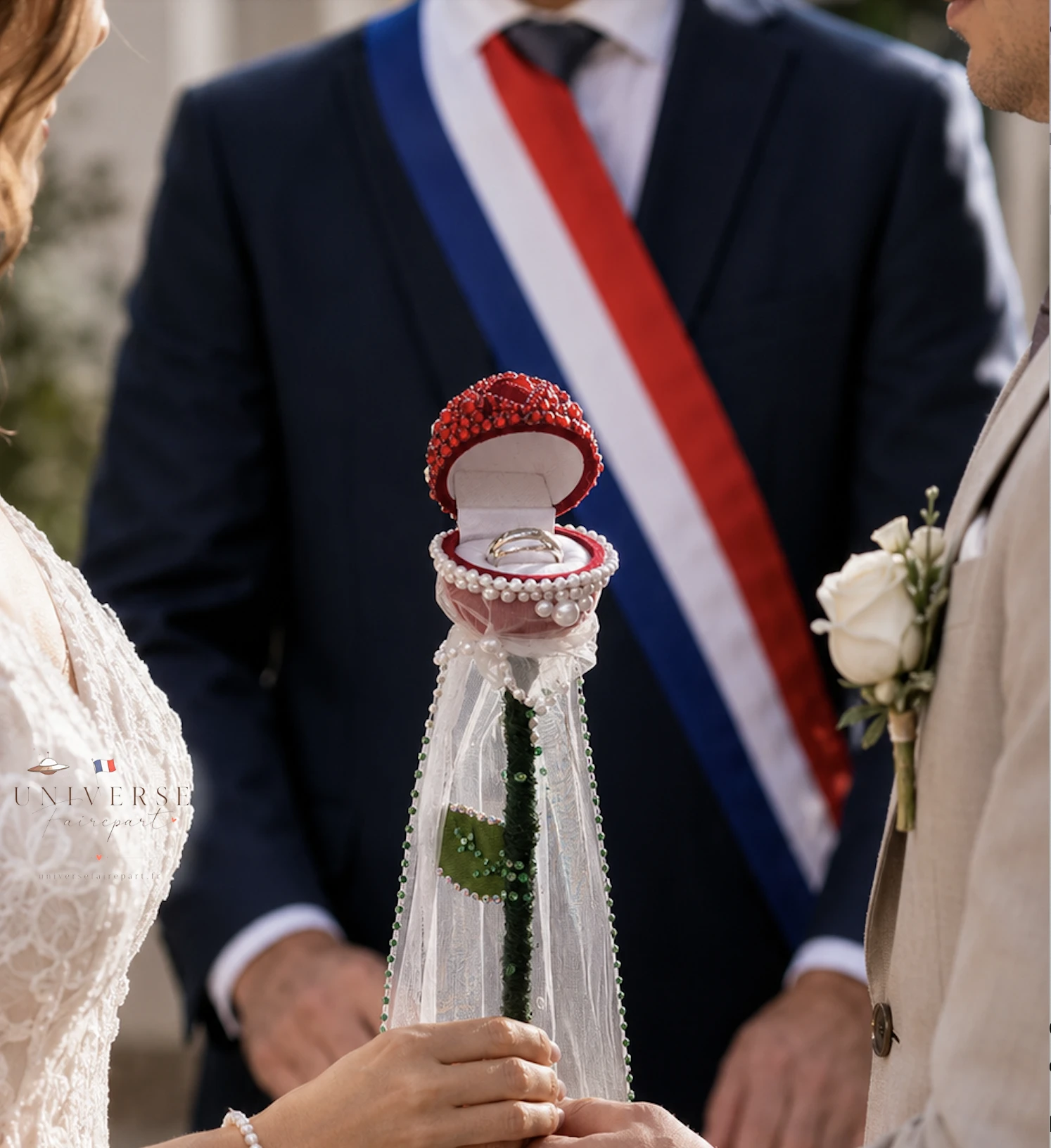 Porte-alliances Rose Éternelle rouge perlée & strass – Fait main – PIÈCE UNIQUE
