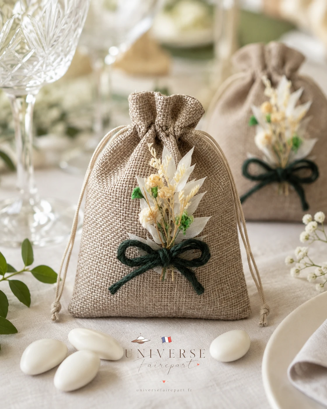 Porte-dragées champêtre en toile de jute & véritables fleurs séchées – Fait main – ÉDITION LIMITÉE