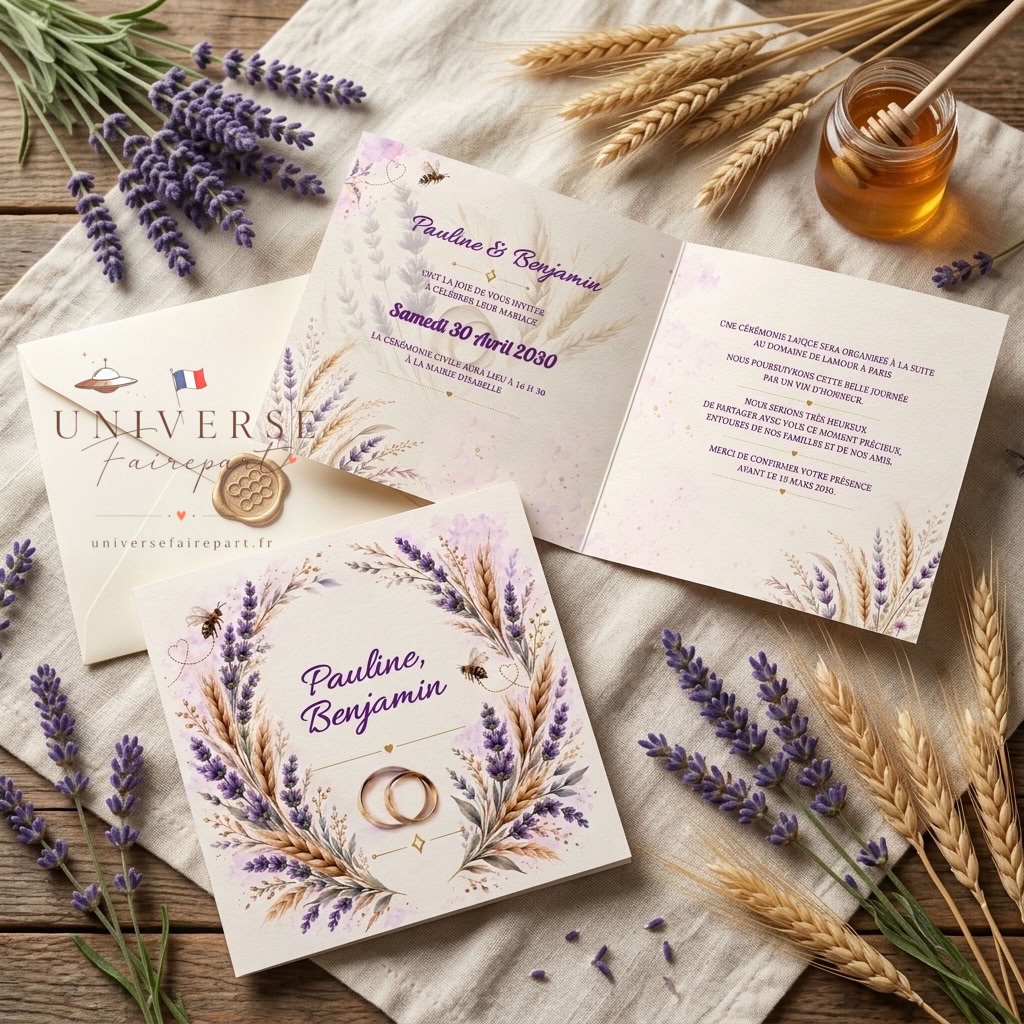 N°272bis Faire-part champêtre Lavande et blé abeilles