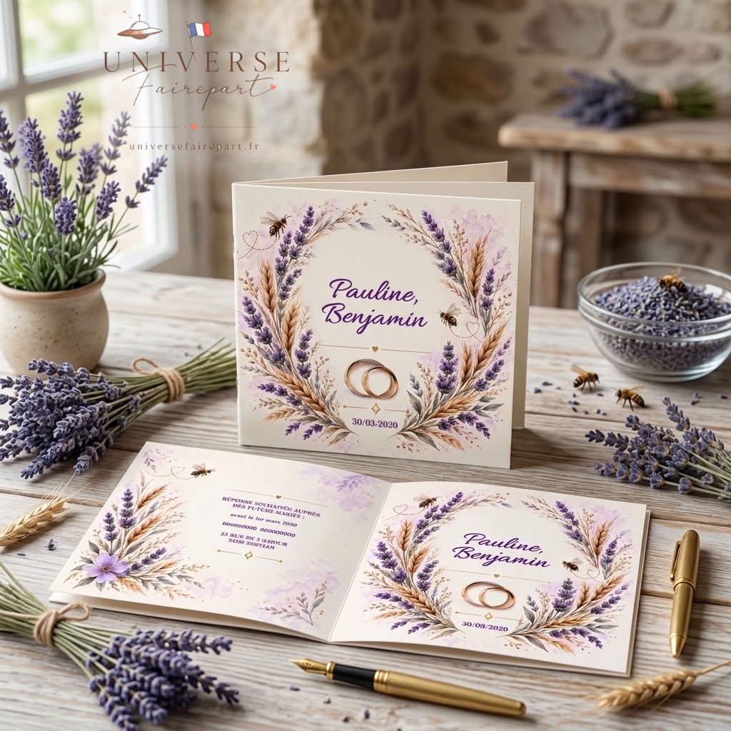 N°272bis Faire-part champêtre Lavande et blé abeilles