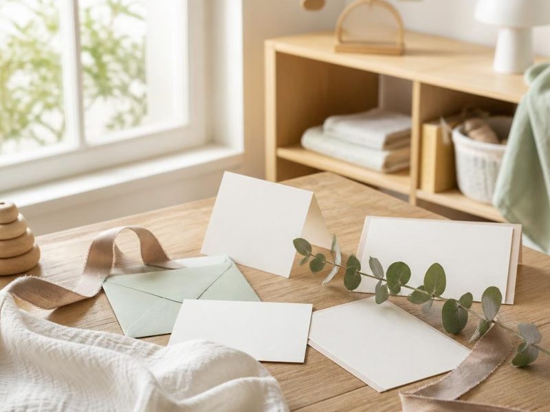 Papeterie de naissance ivoire et vert sauge posée sur une table en bois clair avec ruban en lin et branche d’eucalyptus.