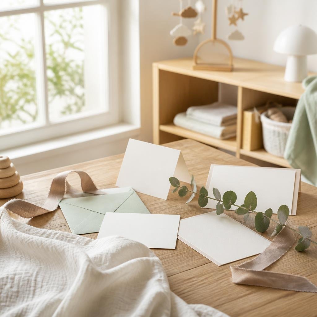 Papeterie de naissance ivoire et vert sauge posée sur une table en bois clair avec ruban en lin et branche d’eucalyptus.