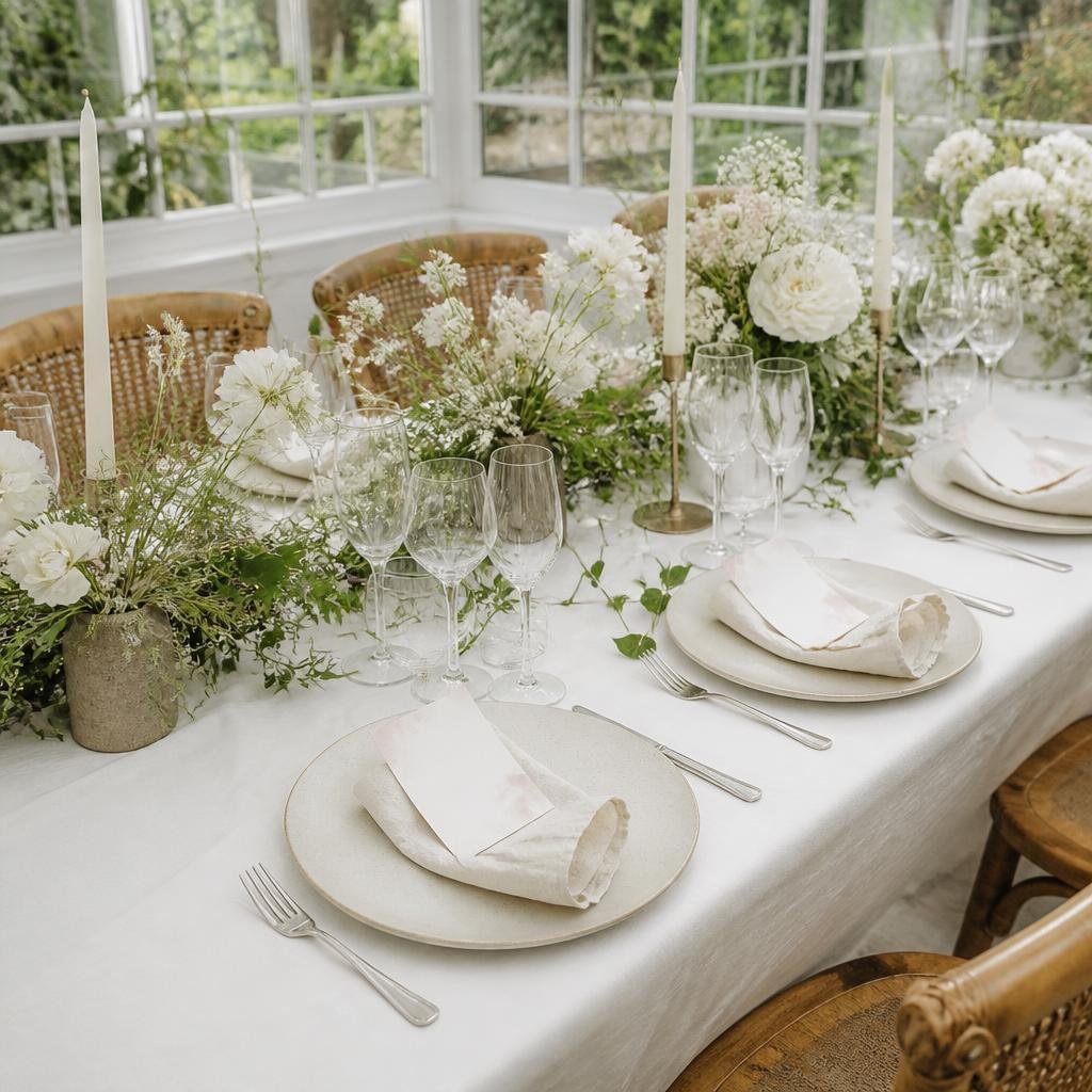 Table de mariage lumineuse avec cartes menu marque-place, serviettes en lin et fleurs blanches.